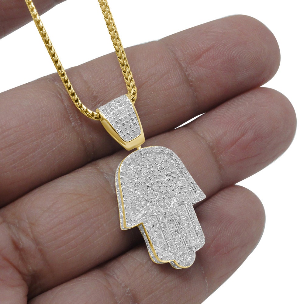 Real Genuine Authentic Diamond 1.38 Cwt Hamsa Hand Religious Pendant 10K Gold Finish 3D Look Unisex Charm Chain Neckless Set Small 1.35''