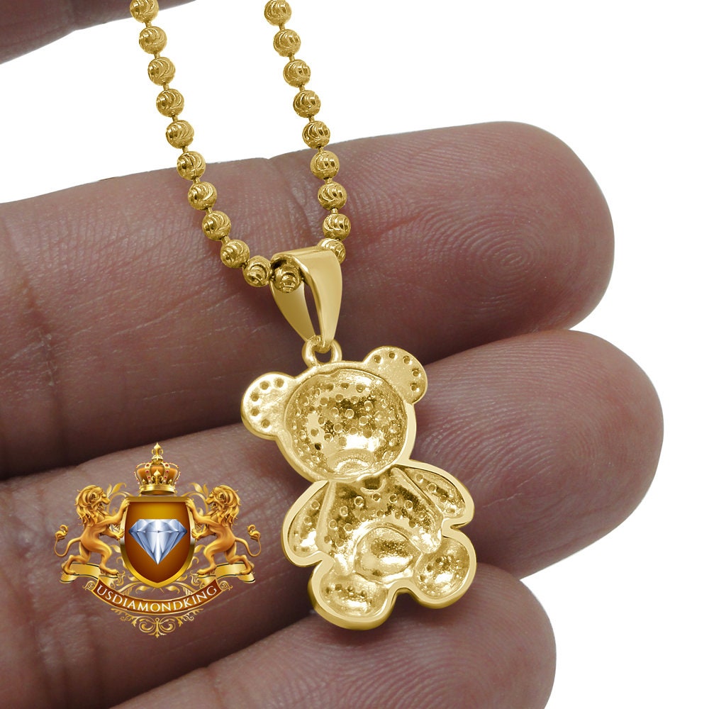 Real Genuine Diamond 0.45 Cwt.10K Gold Finish Teddy Bear Love Mini Pendant Charm + Chain