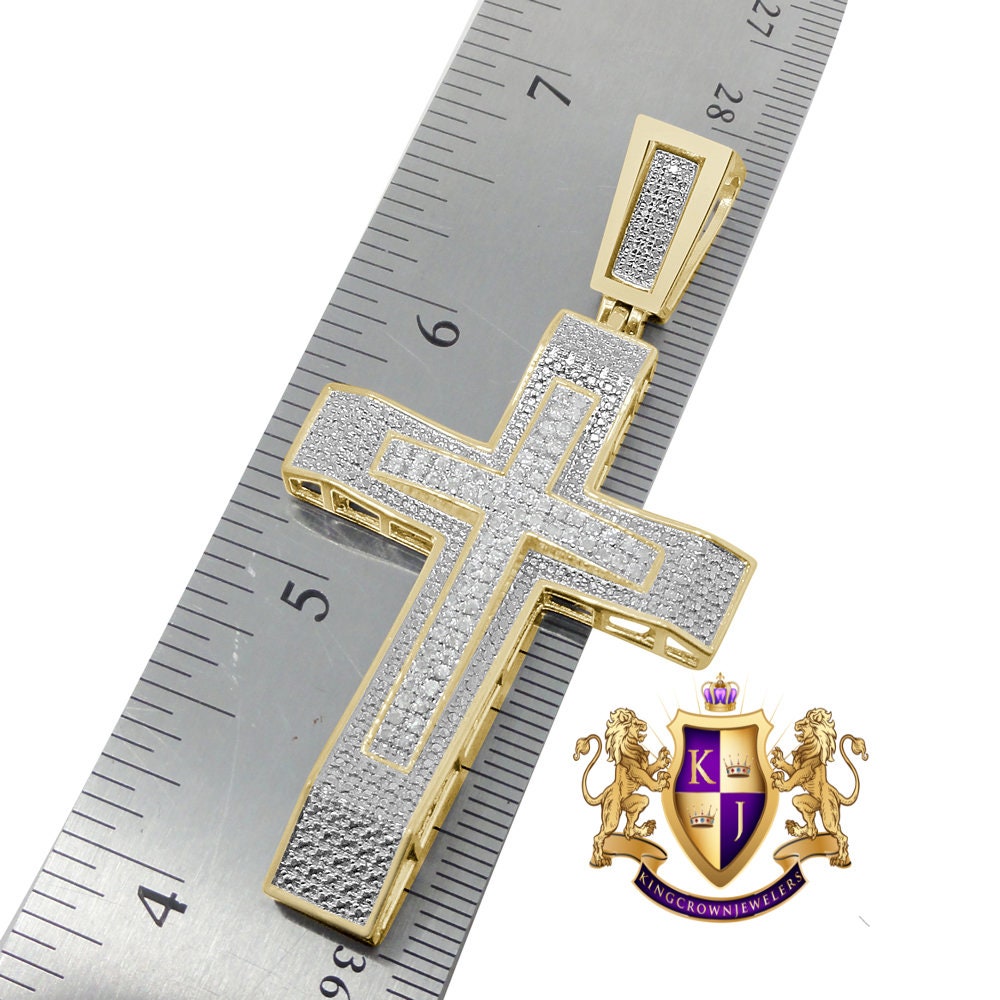 Big 2.75'' Men's Real Genuine Authentic Diamond 0.45 Cwt. Jesus Holy Cross Pendant 10K Gold Finish Religious Charm