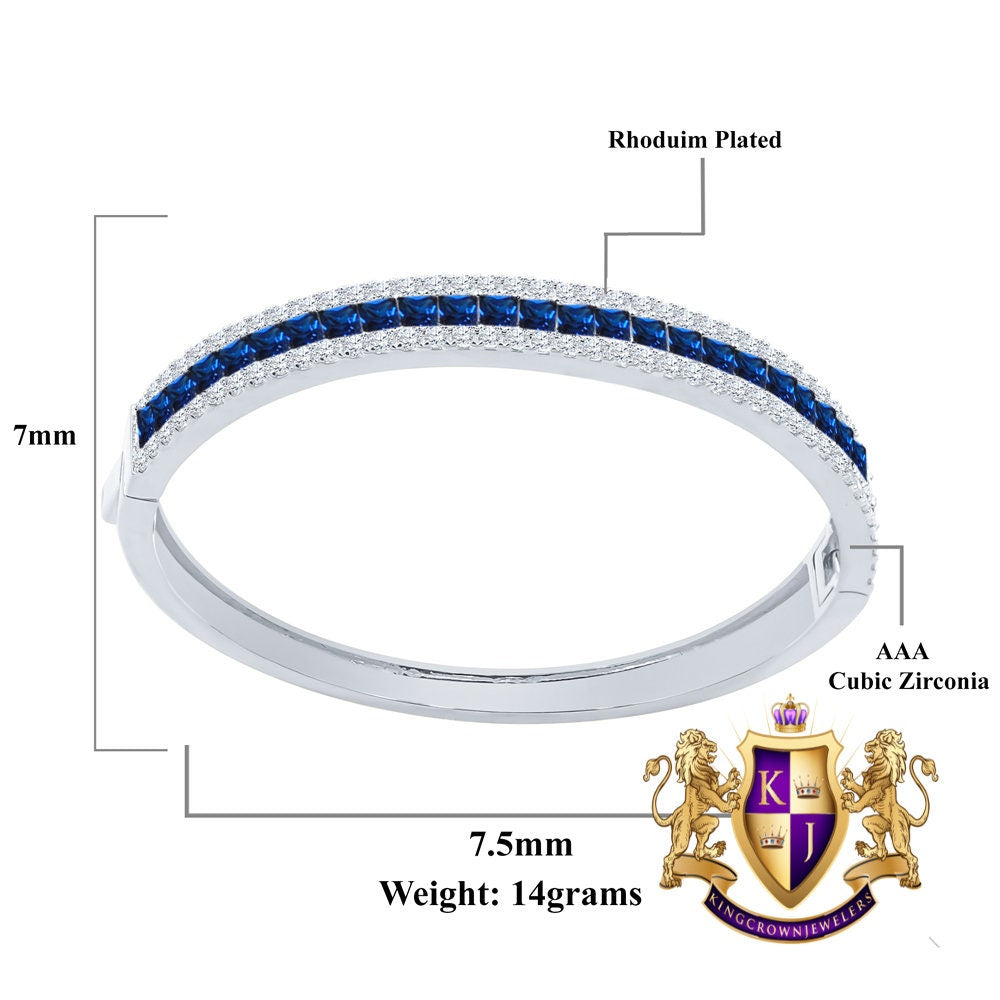 18+ Grams Real Genuine Italian Sterling Silver Sapphire Blue 6.75 Cwt. Princess & Round Cut Simulated Diamond 14K White On Bangle Bracelet