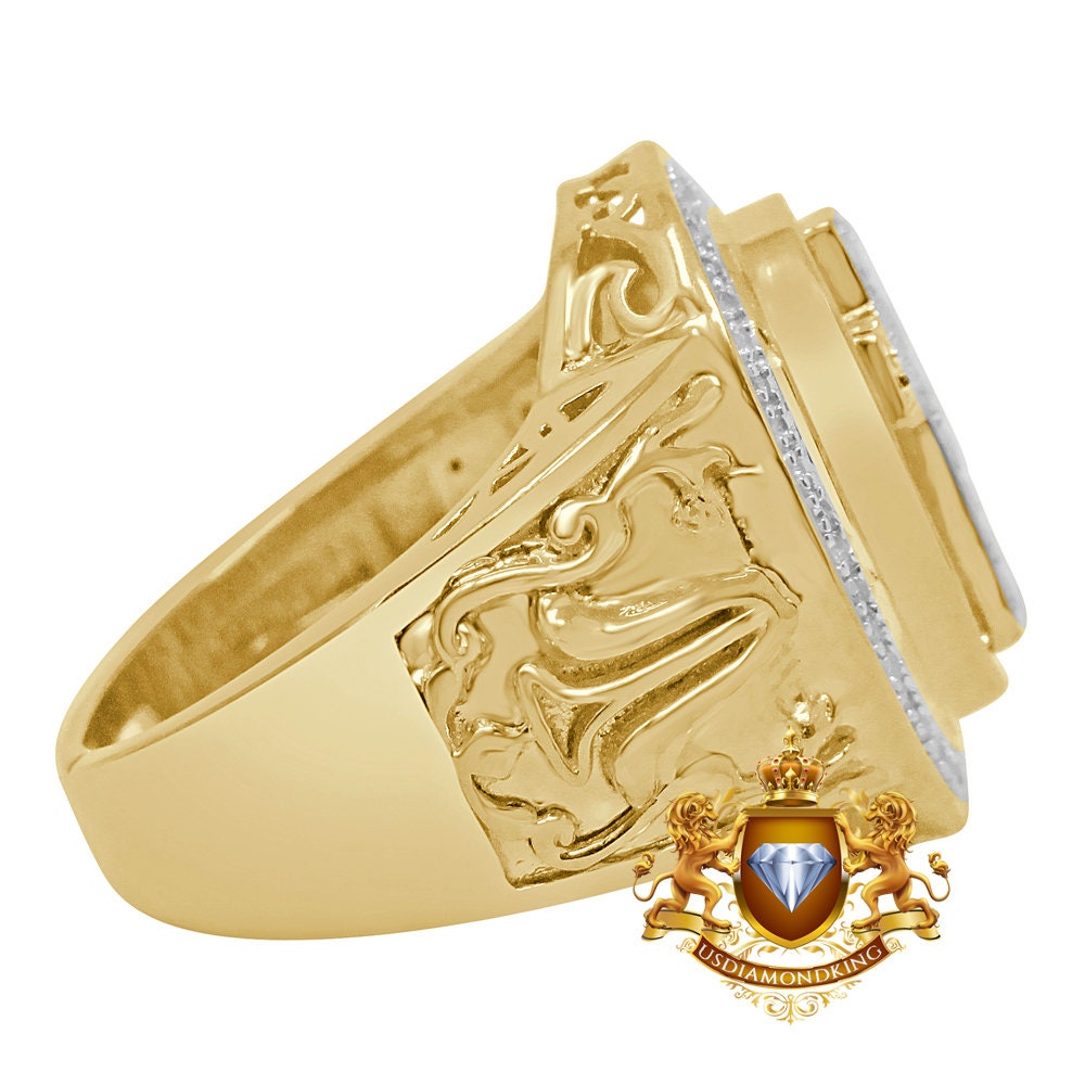 Real Genuine Diamond Holy Jesus Cross 10K Gold Finish Men's Religious Ring Band