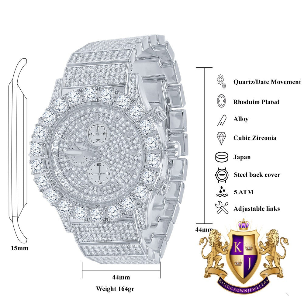 Men's 18K White Gold Finish Solitaire Simulated Diamonds Stainless Steel Back Watch 44mm