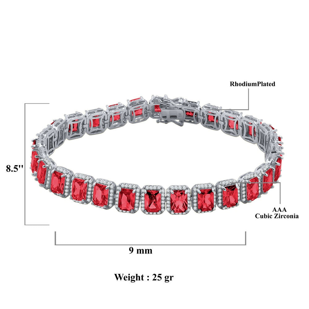 14K White Gold Over Ruby Red 6.00 Cwt. Simulated Diamonds Solitaire Men's Ladies Tennis Link Bracelet 10mm / 8.5 Inch
