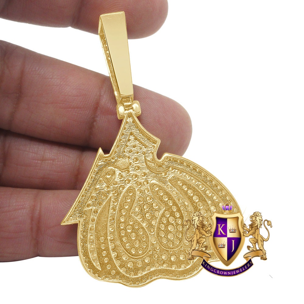 16+ Grams Real Genuine Italian Sterling Silver 14K Gold Over 1.50 Cwt. Simulated Diamond Allah God Muslim Islamic Arabic Pendant Charm 2.5''