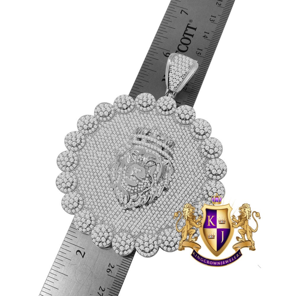 Big 3.75'' Exclusive Custom Piece Real Genuine White Gold On Sterling Silver Simulated Diamond Lion Head Pendent Charm 70 + Grams