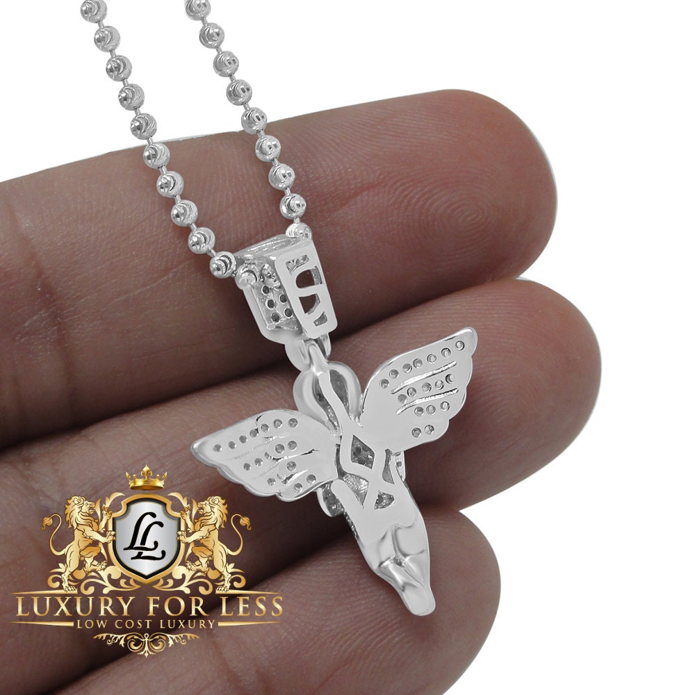Pure Italian Sterling Silver Mini Angel Pendent Simulated Diamond Religious Round Charm Chain Set