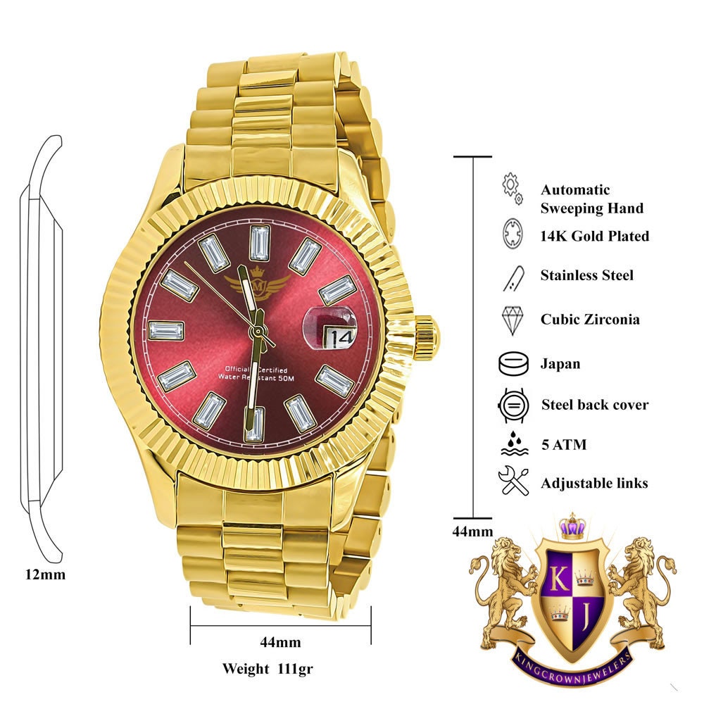 Red Dial Men's Solid Stainless Steel 18K Gold Finish Simulated Diamond Automatic Watch 44mm W/Date Function