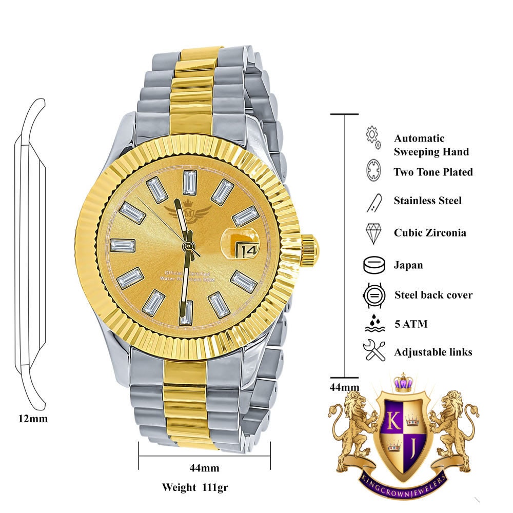 Men's Solid Stainless Steel 18K 2 Tone Gold Finish Simulated Diamond Automatic Watch 44mm W/Date Function