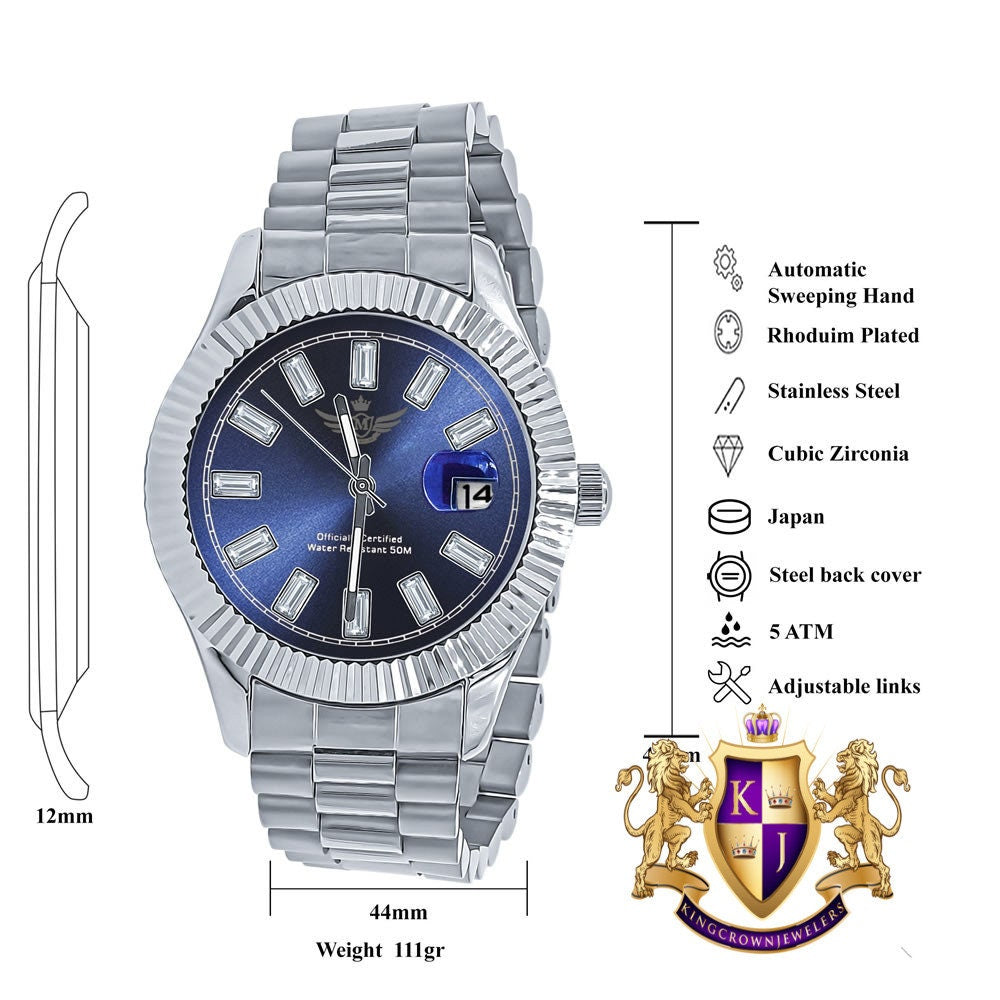 Blue Face Men's Solid Stainless Steel 18K White Gold Finish Simulated Diamond Automatic Watch 44mm W/Date Function