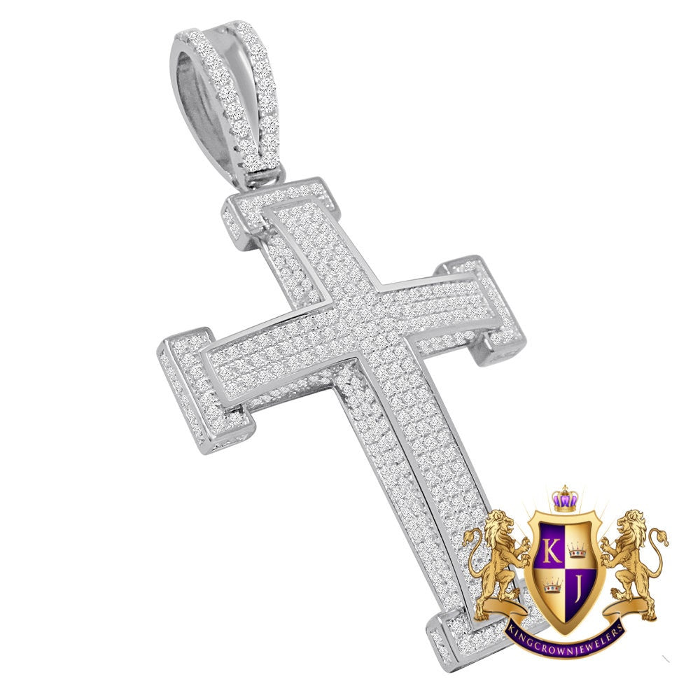 High Quality Real Genuine Sterling Silver Simulated Diamond 14K Gold Over 3D Holy Jesus Cross Custom Pendent Charm