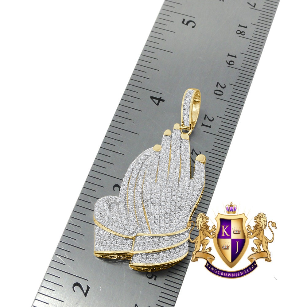 Real Genuine Sterling Silver Round Cut Simulated Diamond Praying Hands Religious Pendent Charm