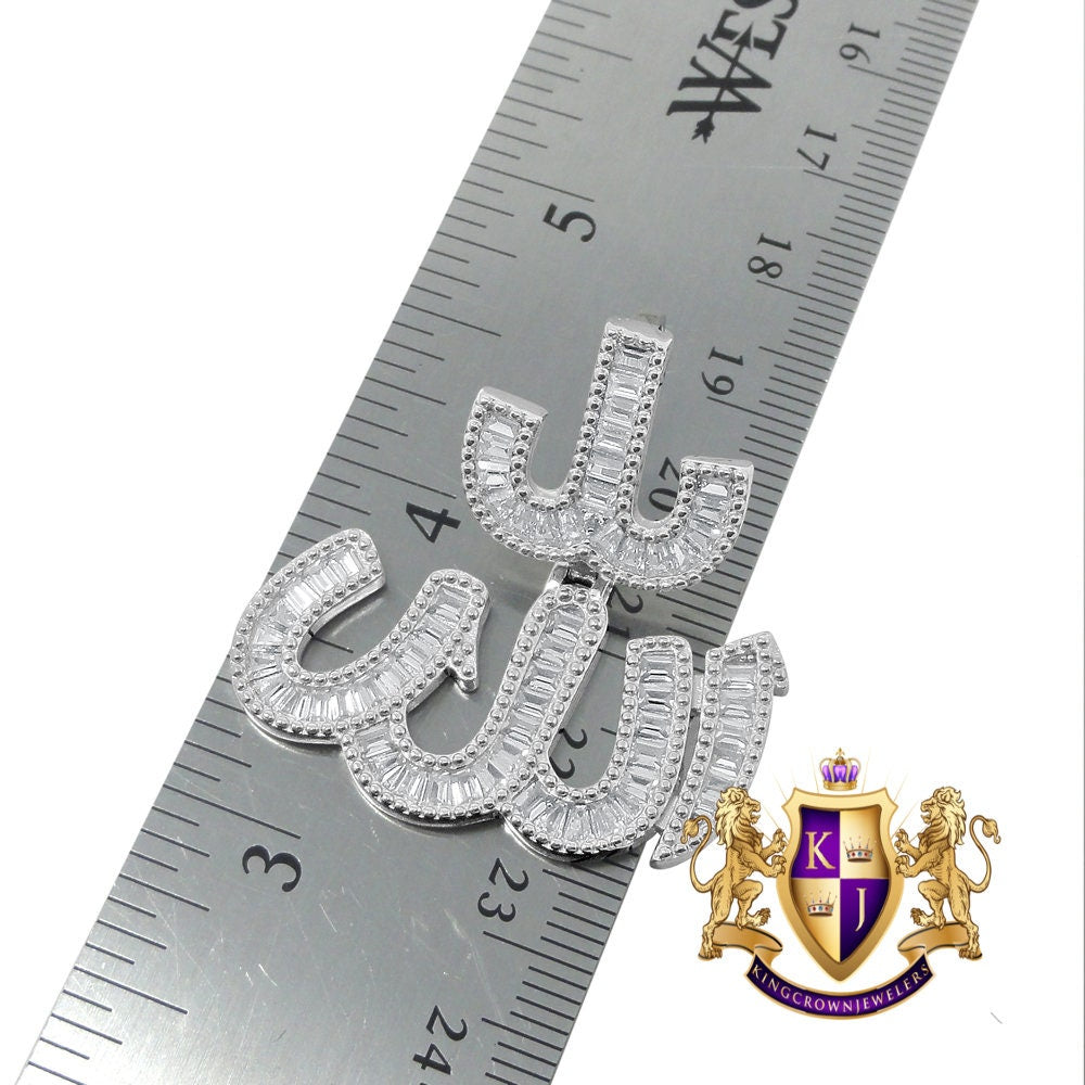 Baguette 14K White Gold Over Genuine Real Authentic Sterling Silver Simulated Diamond Allah God Muslim Unisex Pendant Charm + Chain Neckless