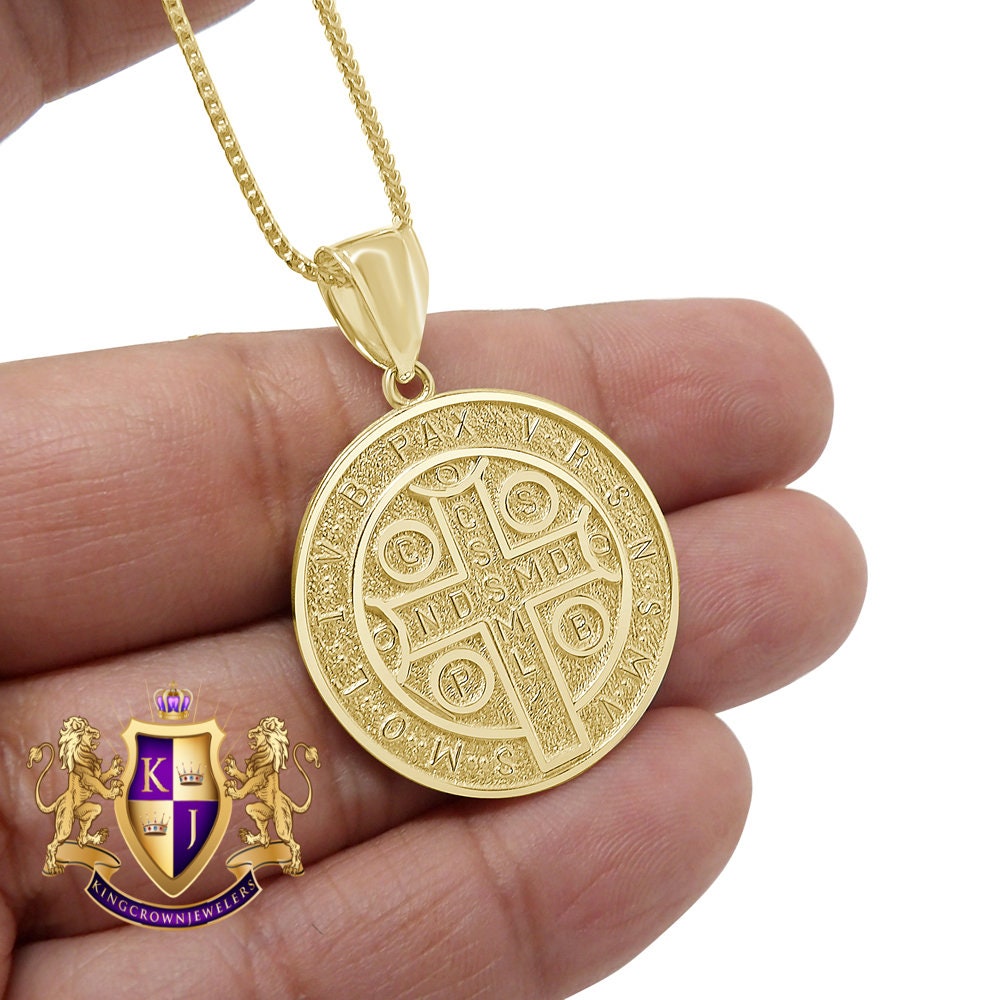 Men's 100% 10K Real Solid Yellow Gold Saint Benedict Religious Pendent Charm Medallion + Free Chain