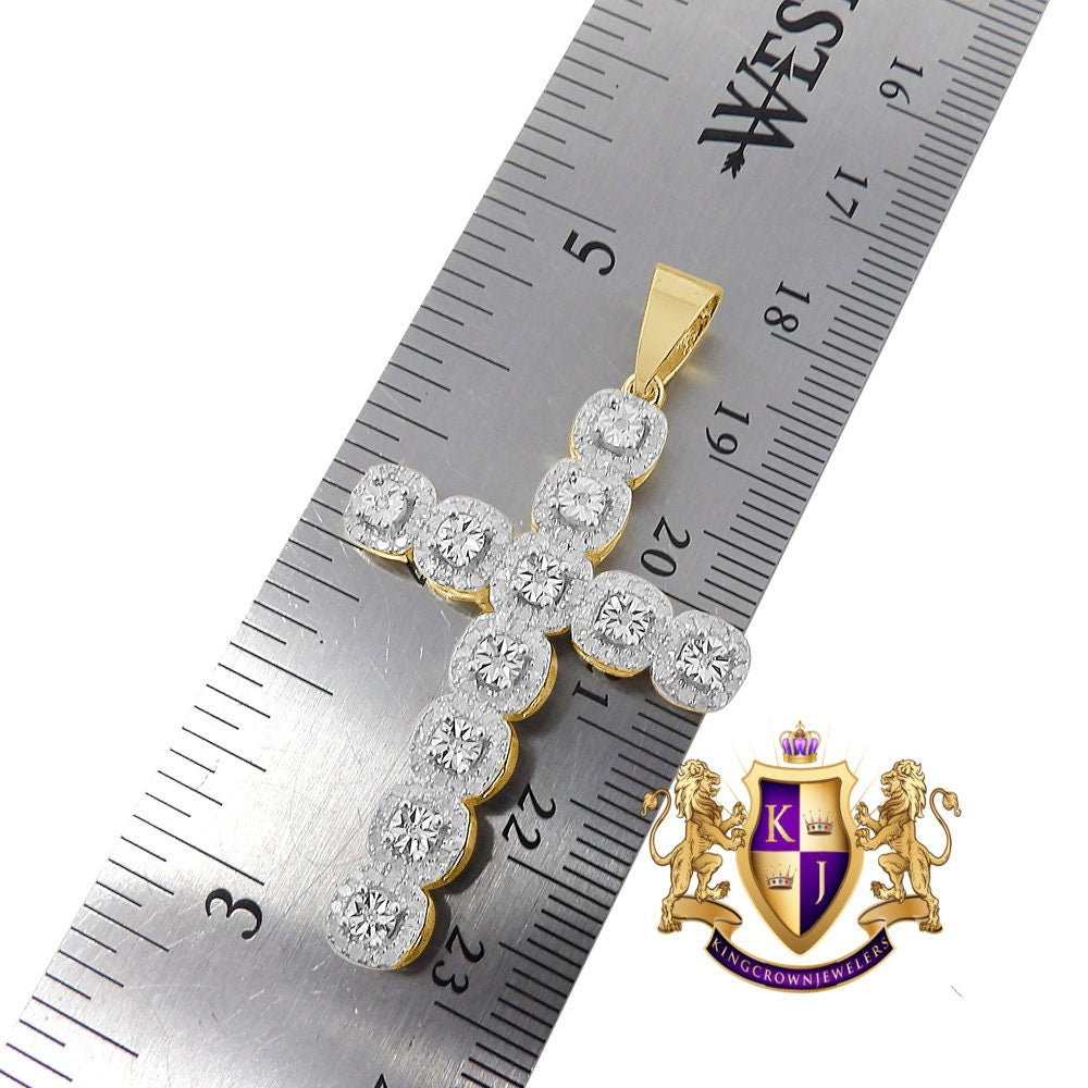 Real Genuine Diamond 0.48 Cwt. 1OK Gold Over Flower Cluster Cross Pendant Religious Charm Chain Set