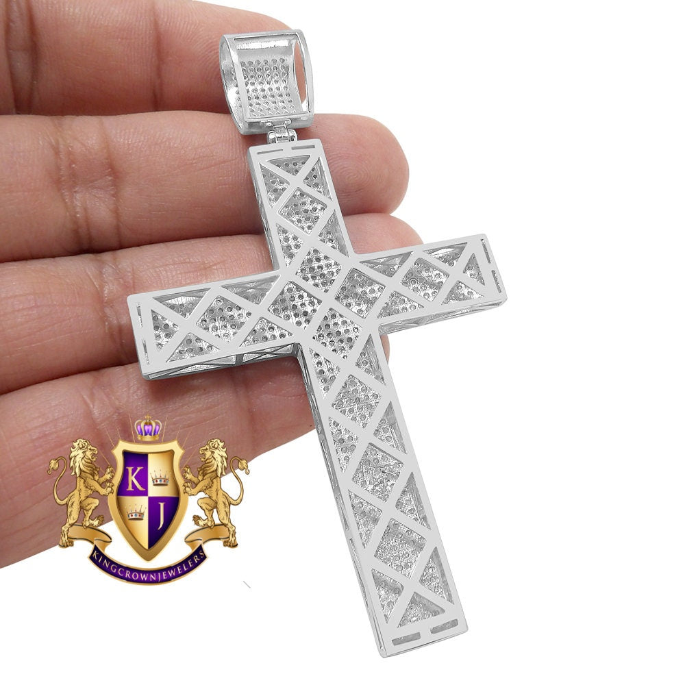 Real Genuine Diamond 2.43 Cwt. Big XL 3.25'' White Gold Over Holy Jesus Cross Pendent Charm