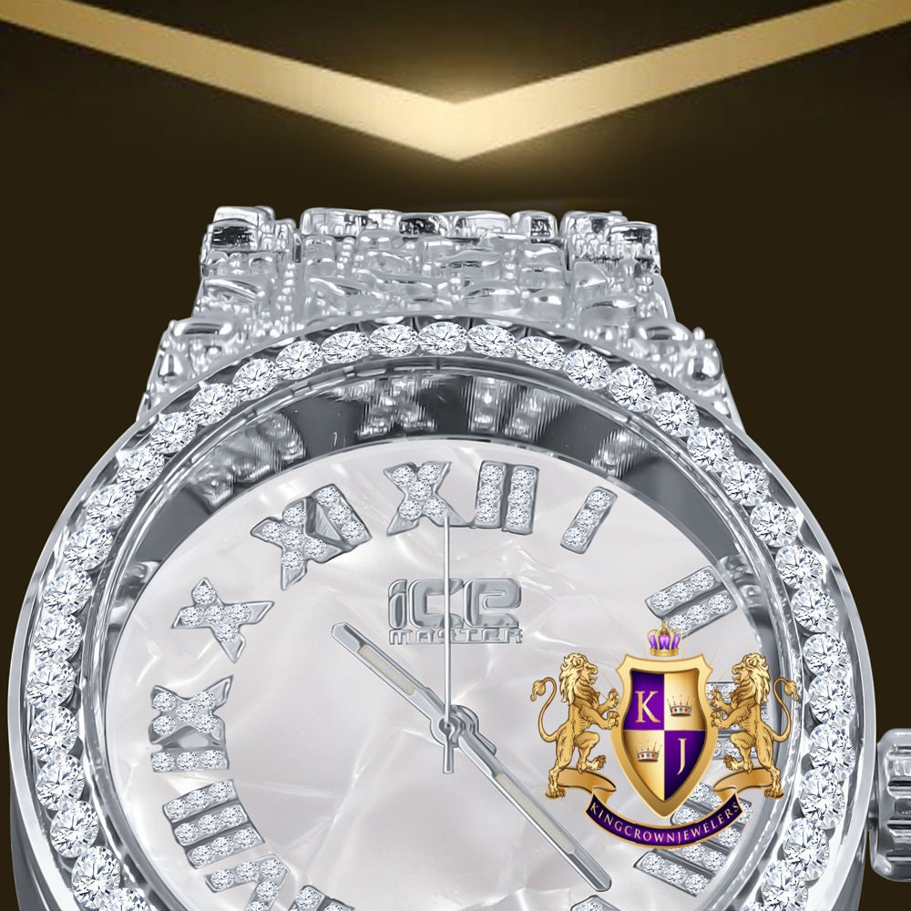 Men's Roman Numeral Dial 18K White Gold Finish Silver Face Simulated Diamond 5 ATM Water Resistant Solid Steel Back Nugget Watch 44mm