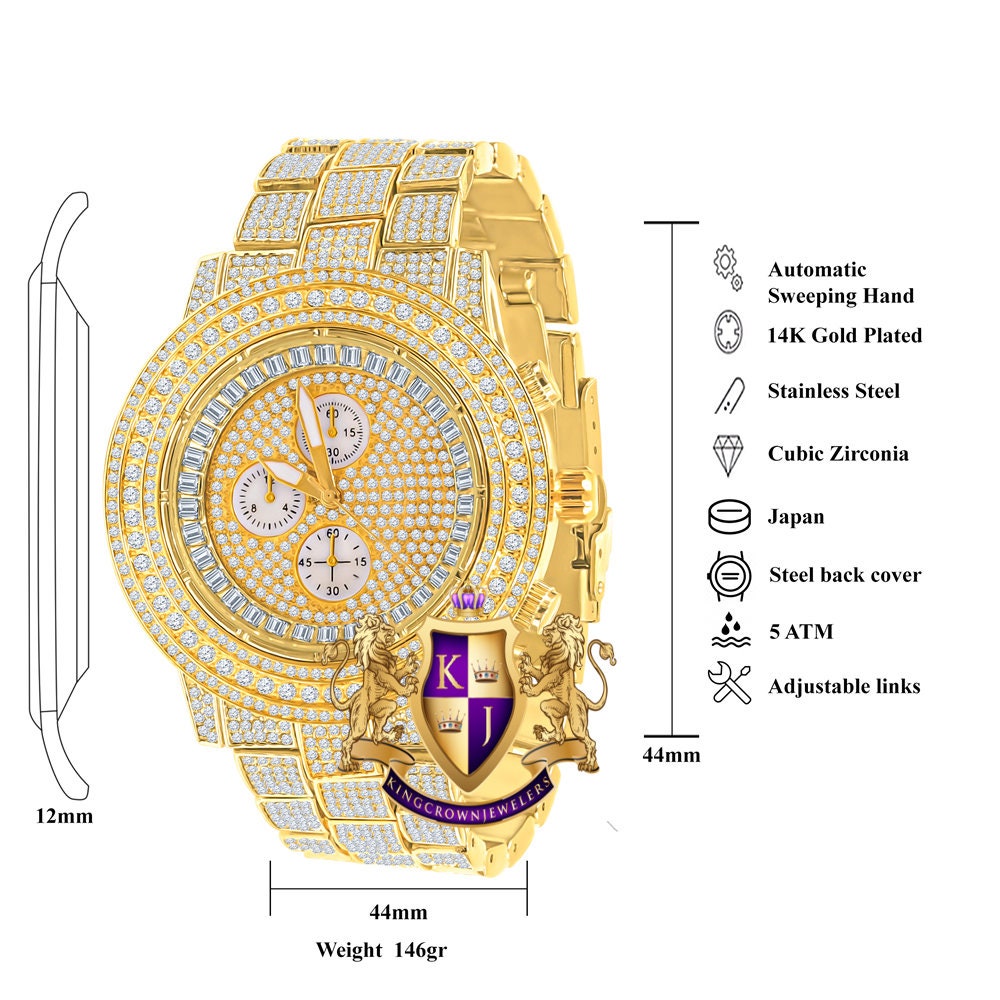 Men's 18K Yellow Gold Finish Simulated Diamond Solid Steel Back Iced Out Bezel Band Watch 44mm