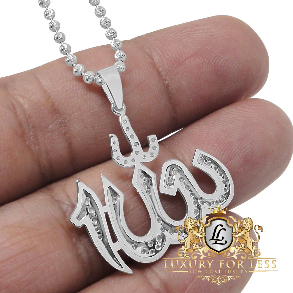 Real Genuine Sterling Silver Allah God Muslim Pendent Simulated Diamond Mini Charm Chain Set