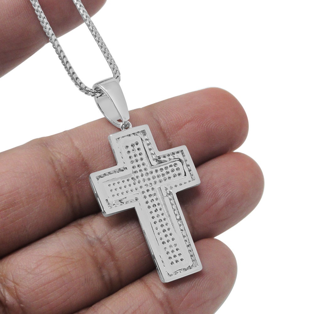 Real Genuine Sterling Silver Jesus Cross Pendent Simulated Diamond Religious Charm Chain Set
