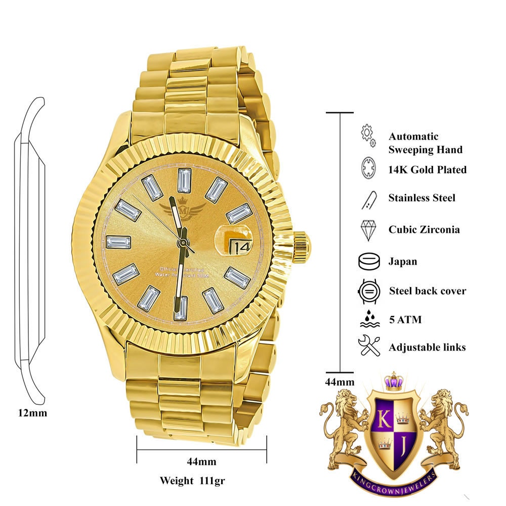 Men's Solid Stainless Steel 18K Gold Finish Simulated Diamond Automatic Watch 44mm W/Date Function