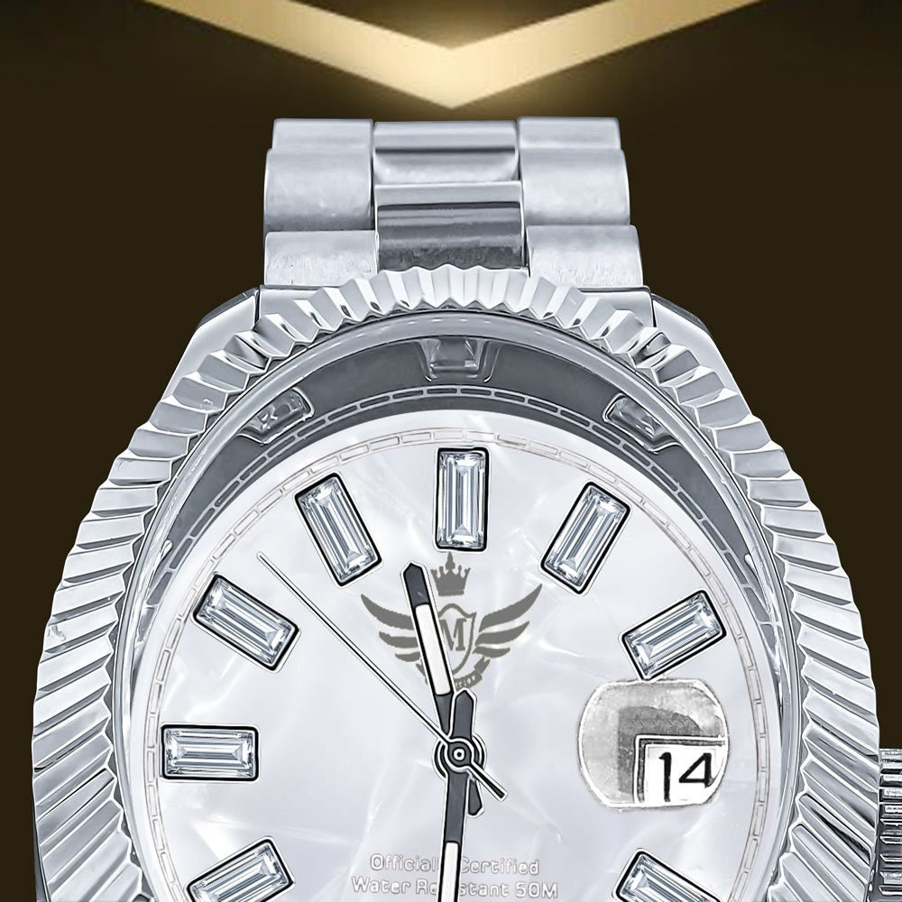 Men's Solid Stainless Steel 18K White Gold Finish Simulated Diamond Automatic Watch 44mm W/Date Function