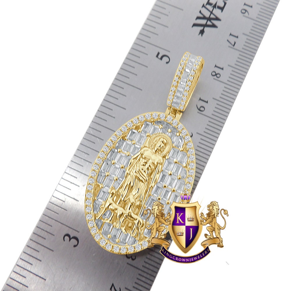 Baguette 14k Gold Over Pure Sterling Silver Simulated Diamond Saint Lazarus Religious Pendent Charm Chain Set