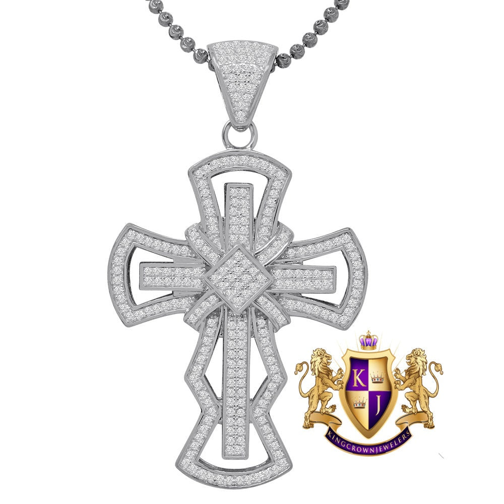 Real Genuine Sterling Silver 14K Gold Finish Simulated Diamond Jesus Cross Pendent Charm Chain Set