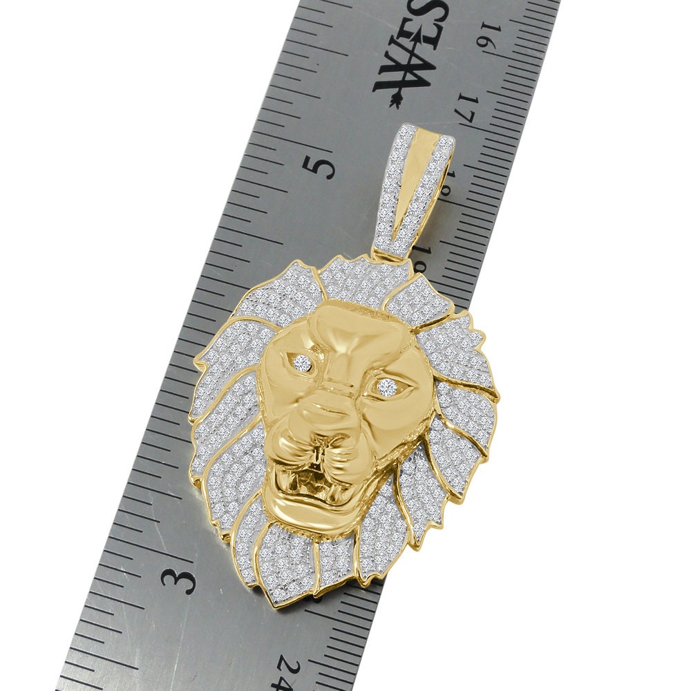 36+ Grams Genuine Real Sterling Silver 14K Gold Over 4.65 Cwt. Simulated Diamond Lion King Head Custom Pendant Charm + Free Chain Neckless