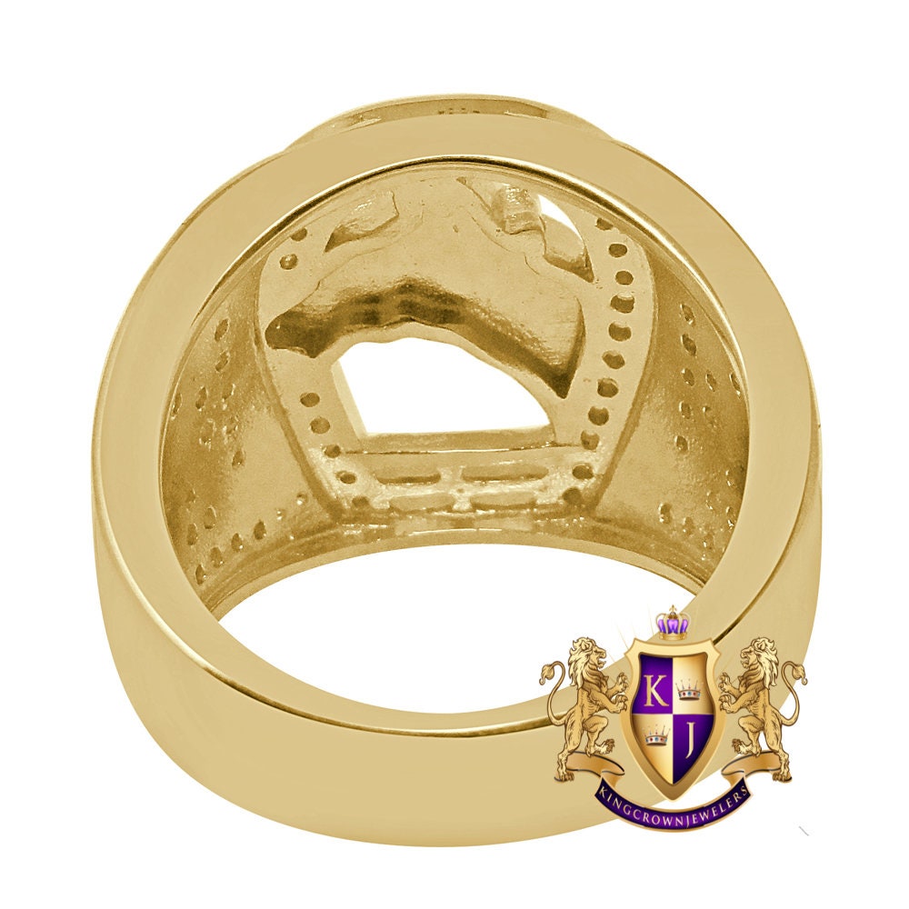 Men's Real Genuine Yellow Gold Sterling Silver Simulated Diamond Horseshoe Head Good Luck Ring Band