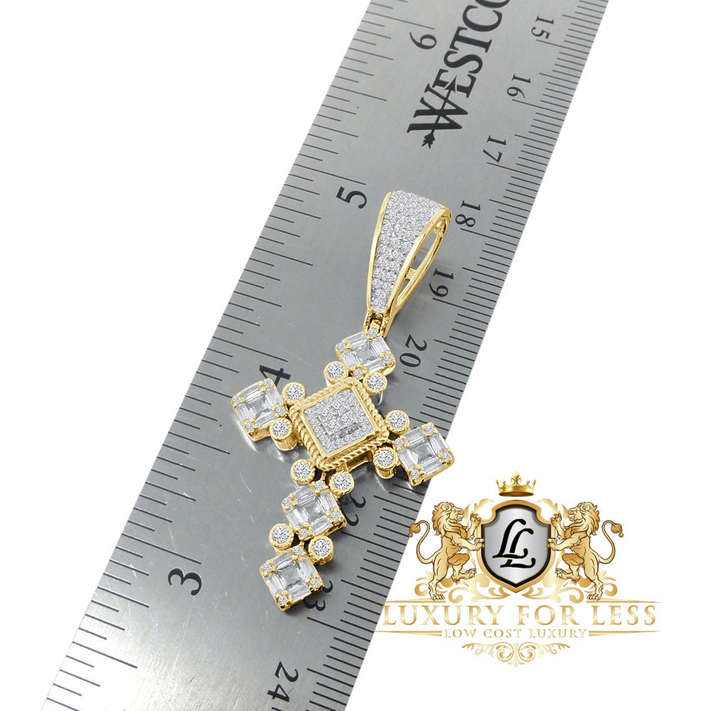 Authentic Genuine Sterling Silver Baguette/Round Cut Simulated Diamond Designer Jesus Cross Pendent Charm