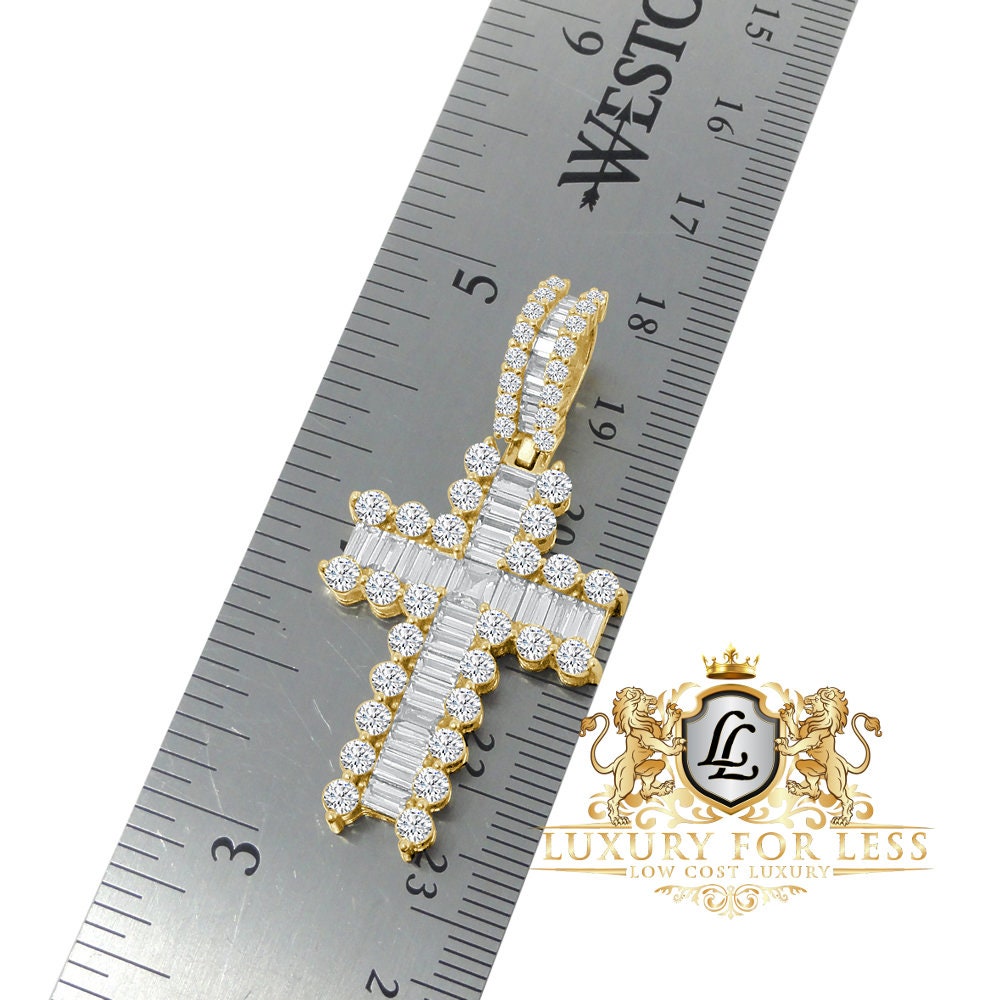 100% Real Sterling Silver 14K Gold Over Baguette Simulated Diamond Cross Custom Pendent Charm + Free Chain