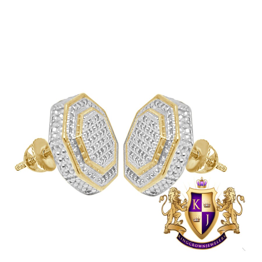 Unisex Real Genuine Authentic Diamond 0.33 Cwt. 10K Gold Finish 11 mm Screw Back 3D Stud Earrings