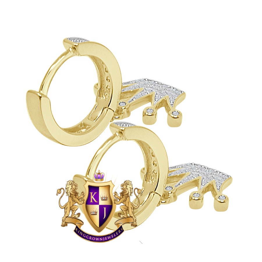 Pure Italian Sterling Silver 14K Gold Over Simulated Diamond Kings Crown Hoop Stud Earrings Unisex