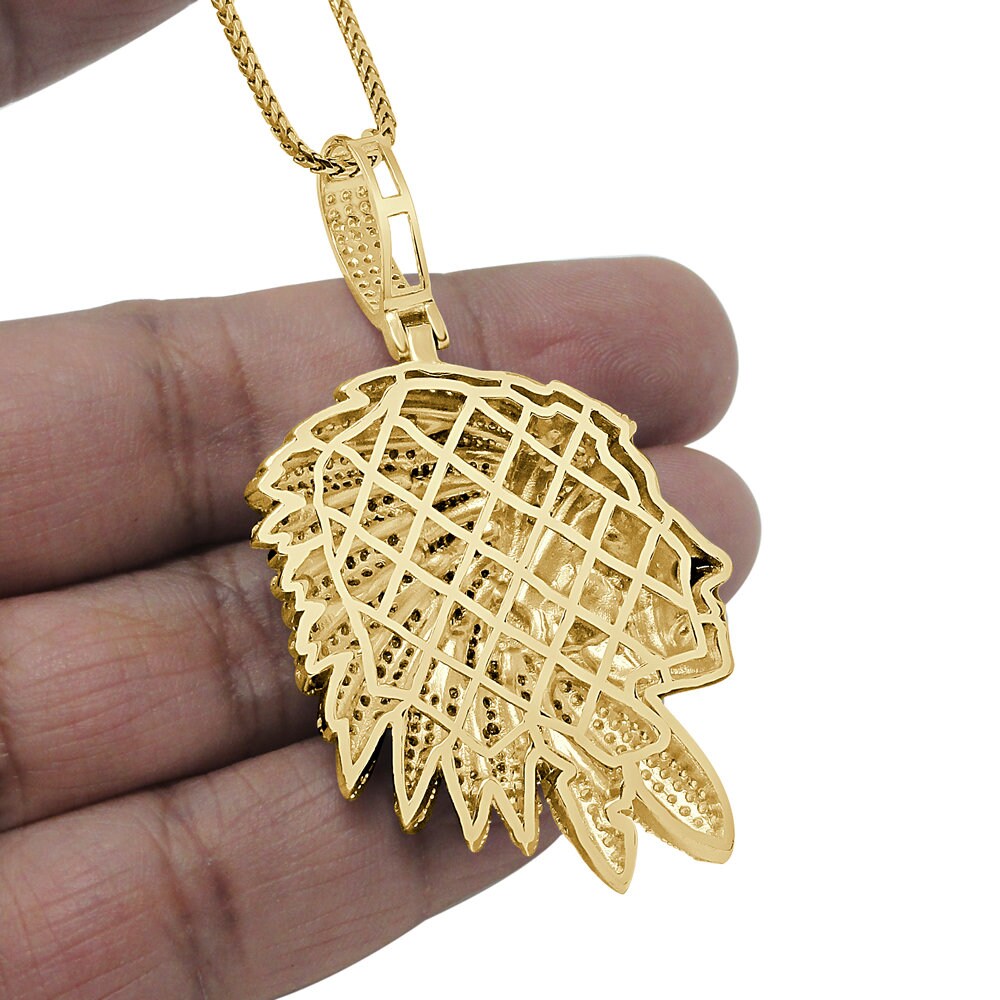 14K Gold Over Native American Indian Apache King Simulated Diamond Pendent Charm Chain Set