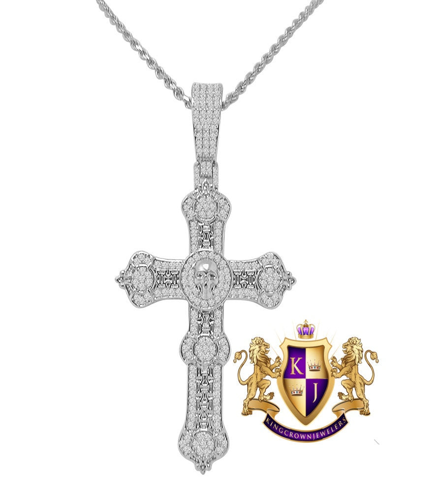 Mens Custom Piece Skull Cross Charm 14K Gold Finish Simulated Diamond Pendent + Chain 2.65''