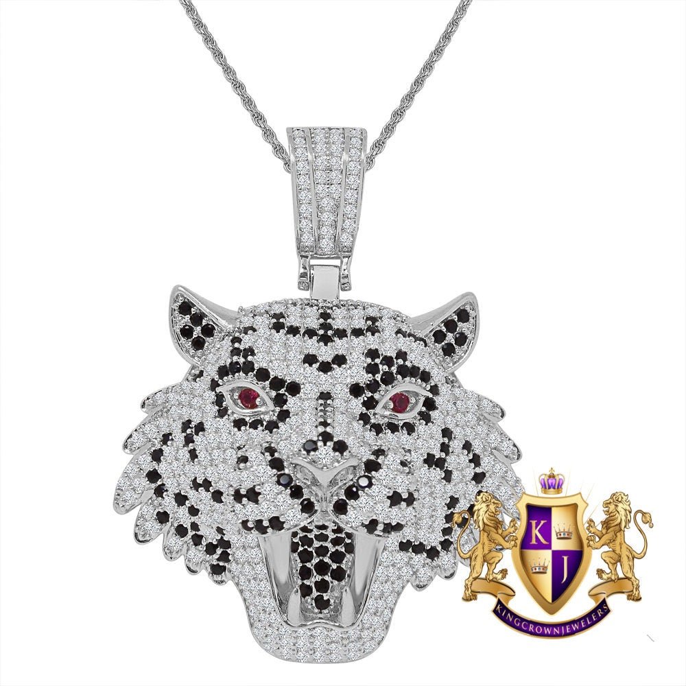 Men's Lion Head Ruby Eye Custom Charm Simulated Diamond Pendent Chain Set