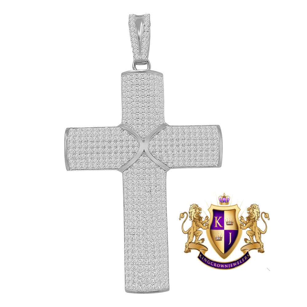 3D Real Genuine Authentic Italian Sterling Silver 21+ Grams 5.00 Cwt. Simulated Diamond 14K Gold On Jesus Cross Custom Pendent Charm 2.25''