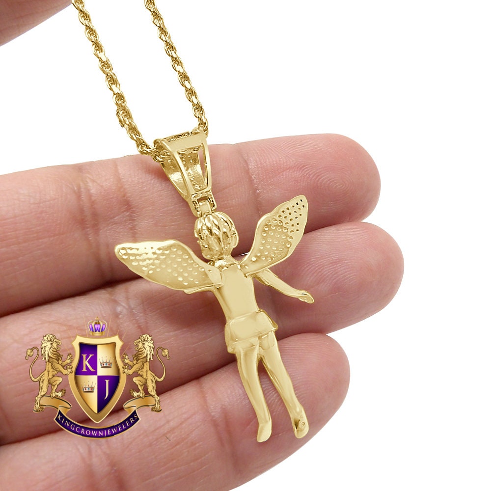 Real Genuine Diamond 0.25 Cwt. 1OK Gold Over Baby Cherub Angel Pendant 3D Wings Pendent Charm Chain Set
