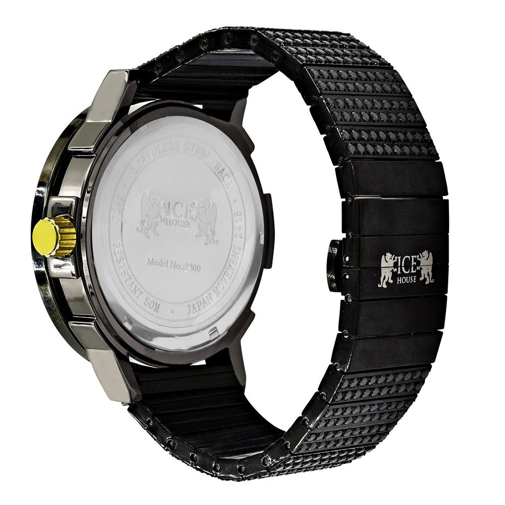 Full Solid Stainless Steel 18K Black Gold Finish Copper Tone Simulated Diamond 5 ATM Water Resistant Men's Watch With Date Function 54 mm