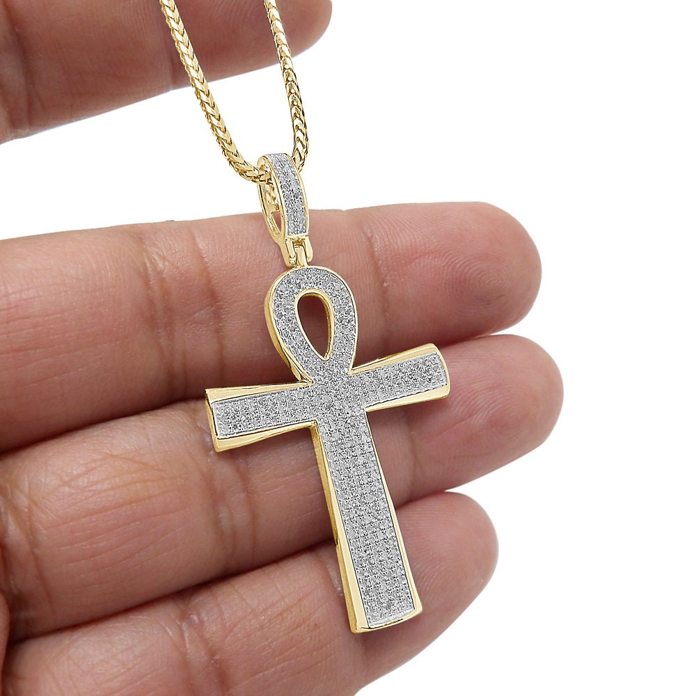 Real Genuine Diamond 0.78 Cwt. Egyptian Ankh Cross Piece Pendent Charm Chain Set 10K Gold Finish 2''