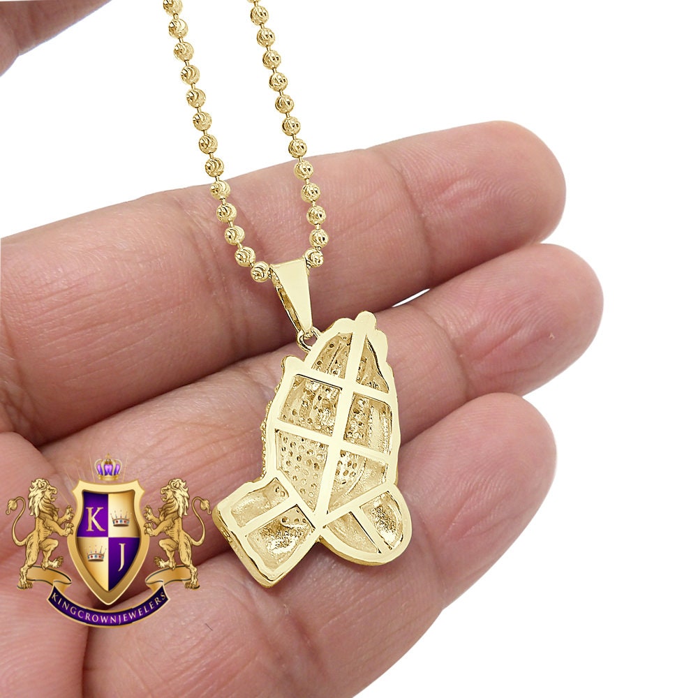 Real Genuine Authentic Diamond 0.33 Cwt. 10K Gold Over Praying Hands Religious Charm Pendent Chain Set