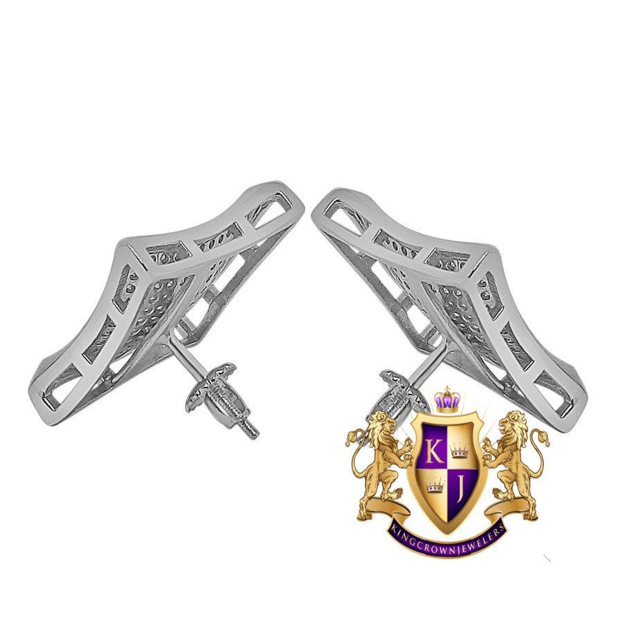 Genuine Italian Sterling Silver 14K White Gold Finish Simulated Diamond Square Kite Big 20 mm Screw Back Stud Earrings