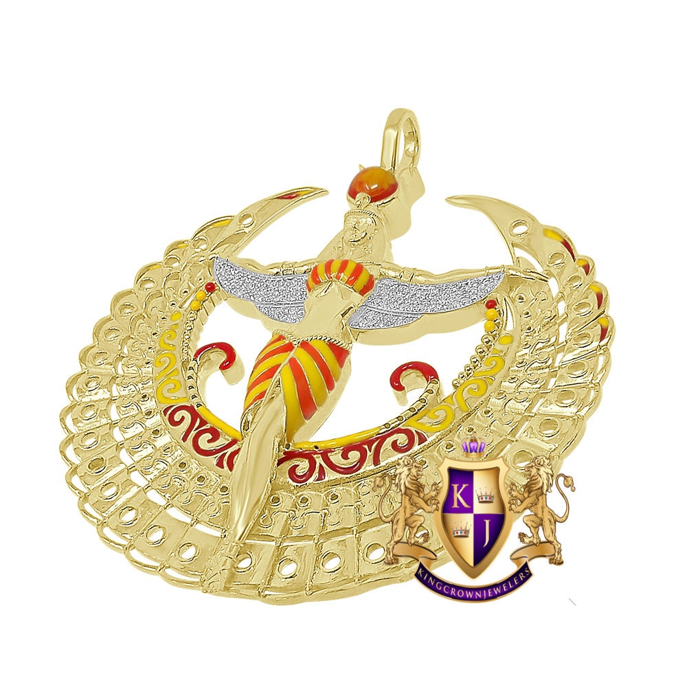 100% Real Genuine Diamond 0.60 Cwt. Egyptian Sky Goddess God Isis Exclusive Custom Pendant 14K Gold Over Pharaoh Charm 35 + Grams Big 2.85''