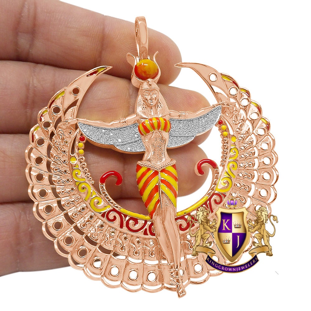 Real Genuine Diamond 0.60 Cwt. Egyptian Sky Goddess God Isis Exclusive Custom Pendent Rose Gold Over Pharaoh Charm 35 + Grams Big 2.85''