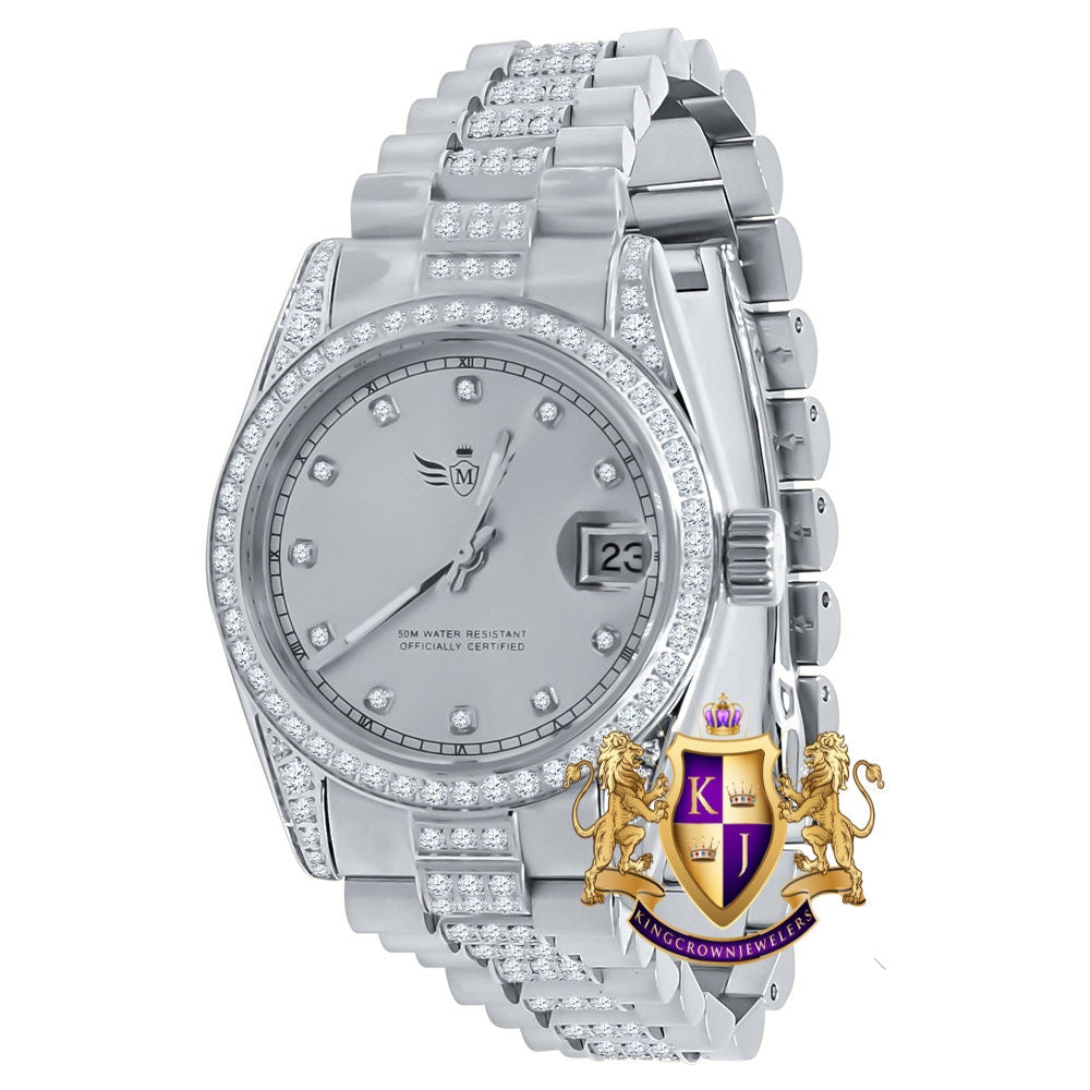 Solid Stainless Steel Icy Band 18K Gold Finish Simulated Diamond Ladies Women's Presidential Watch 30mm W/Date Function