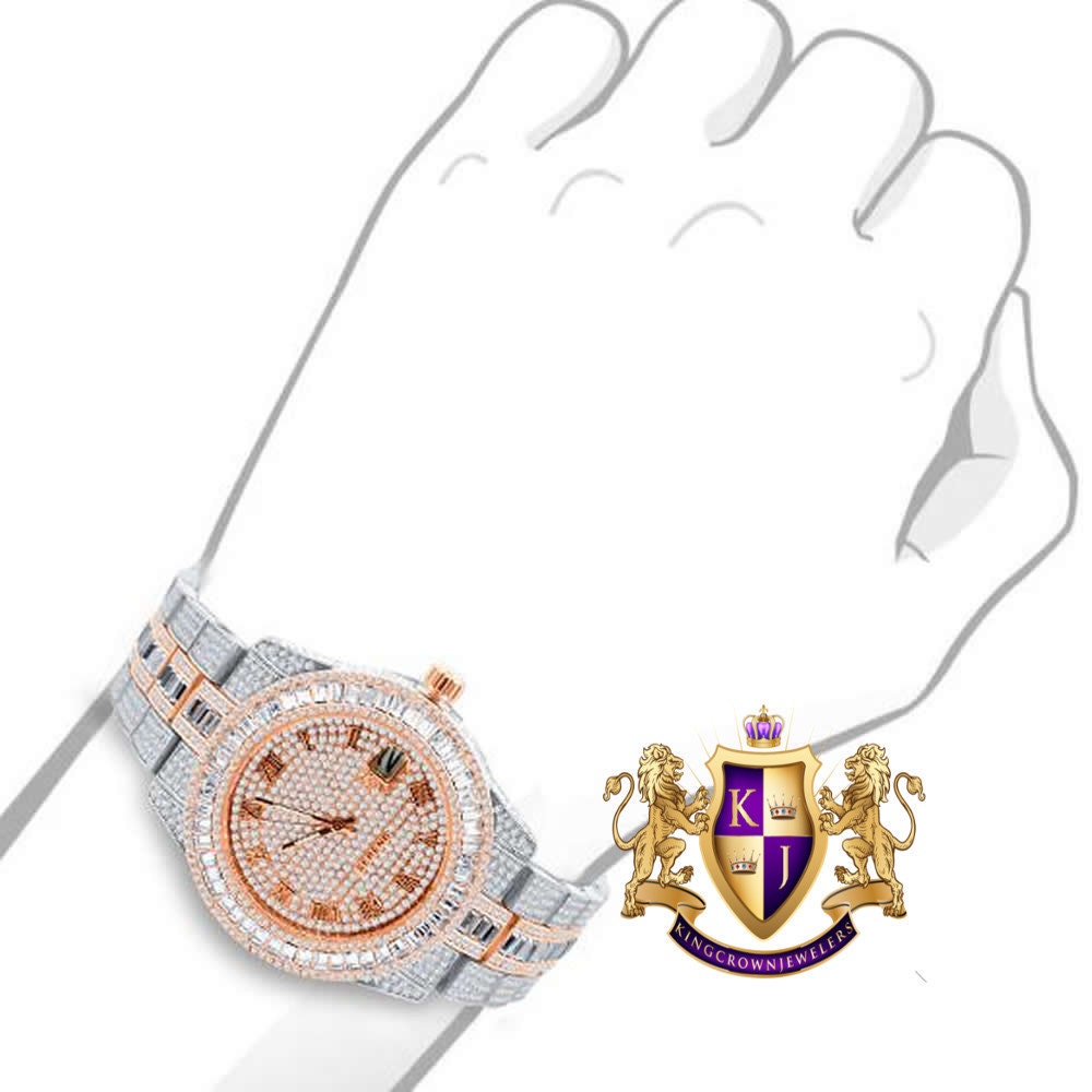 Baguette Roman Dial Men's 14K Gold Finish Simulated Diamond Solid Steel Back Presidential Watch 44mm W/Date Function