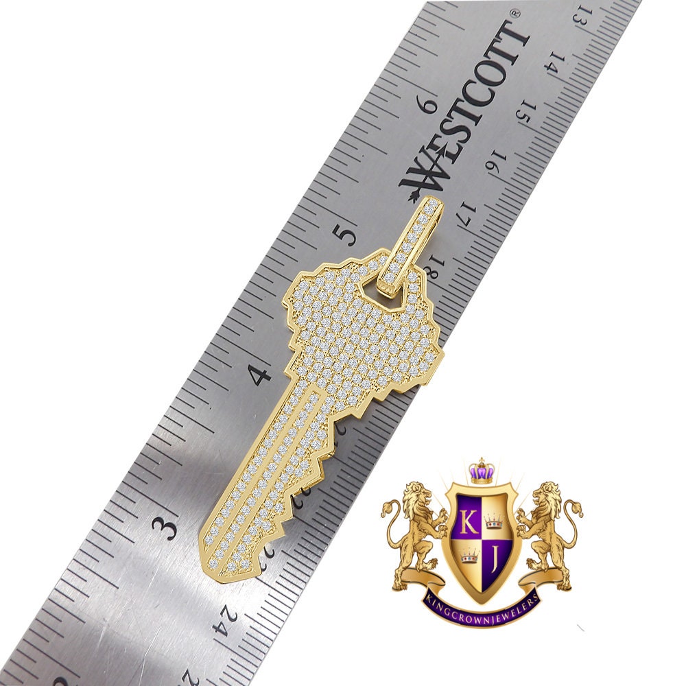 Men's Authentic Real Italian Sterling Silver Simulated Diamond 14K Gold Over Custom City Key Pendent Padlock Charm 2.5''