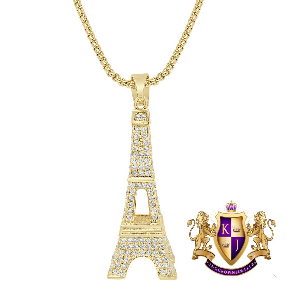 14K Real Gold Over Genuine Authentic Italian Sterling Silver 2.00 Cwt. Simulated Diamond Paris Eiffel Tower 3D Look Custom Pendant Charm 2''