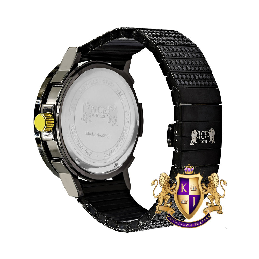 Full Solid Stainless Steel Lemonade 18K Black Gold Finish Simulated Diamond 5 ATM Water Resistant Men's Watch With Date Function Big 54 MM