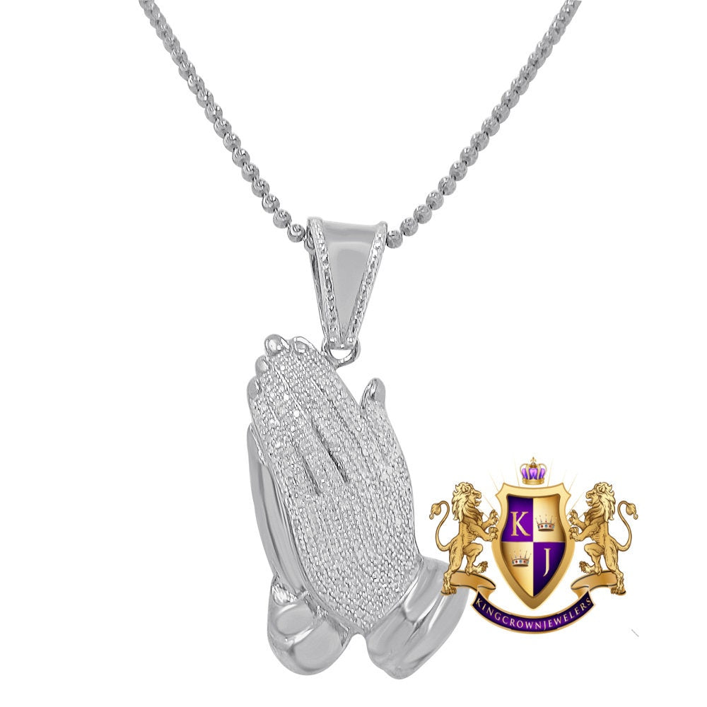 Real Genuine Authentic Diamond 0.50 Cwt. 10K Gold Over Praying Hands Religious Charm Pendent Chain Set